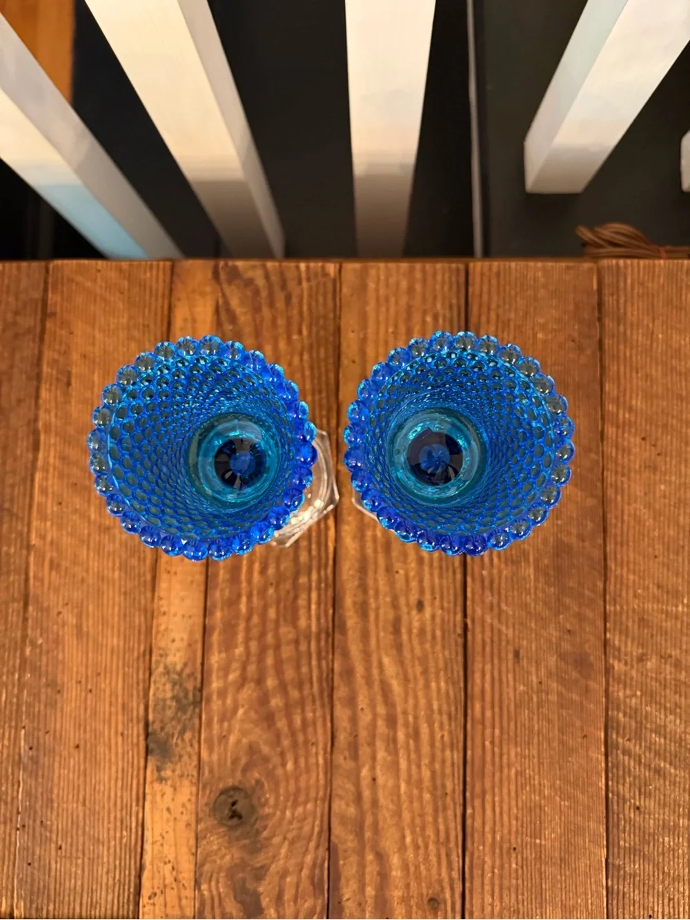 Pair of vintage HOMCO Blue Hobnail Glass Candle Holders with Clear Base